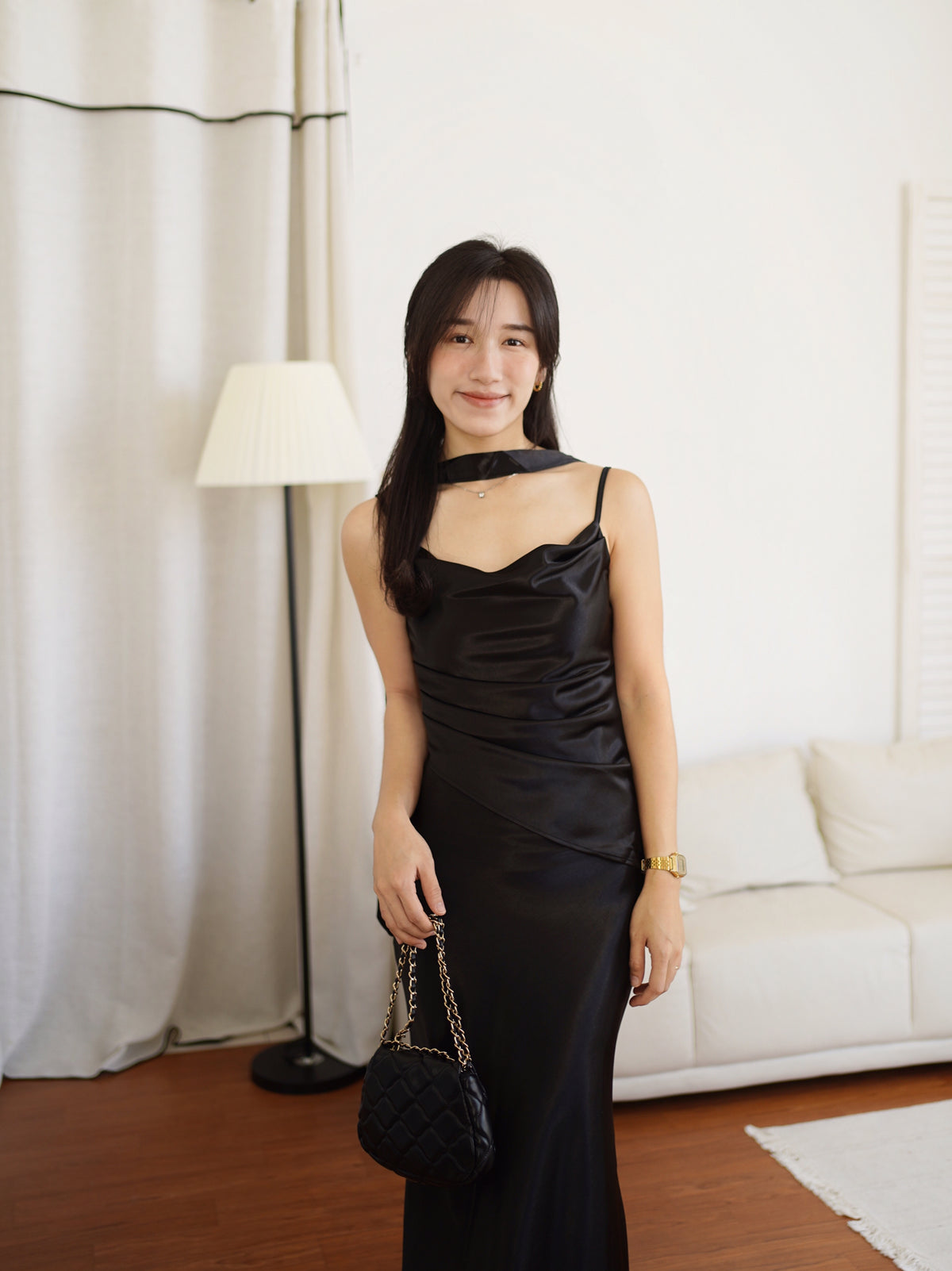 Katrina Satin Silk Cowl Dress (One piece layered-look dress)