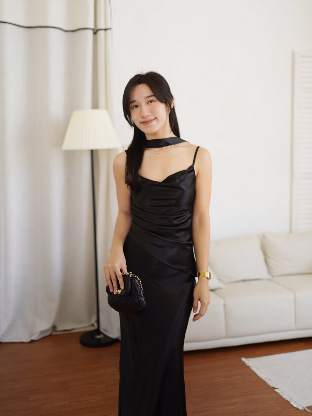 Katrina Satin Silk Cowl Dress (One piece layered-look dress)