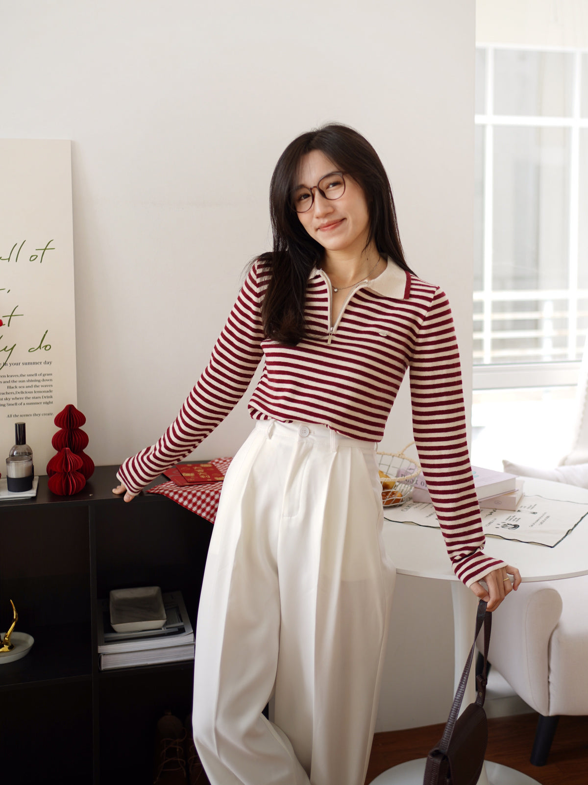 Stripe Collar Zipper Top