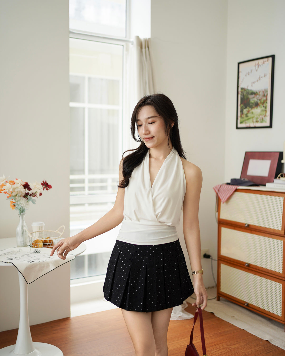 Black Polkadots Pleat Skirt