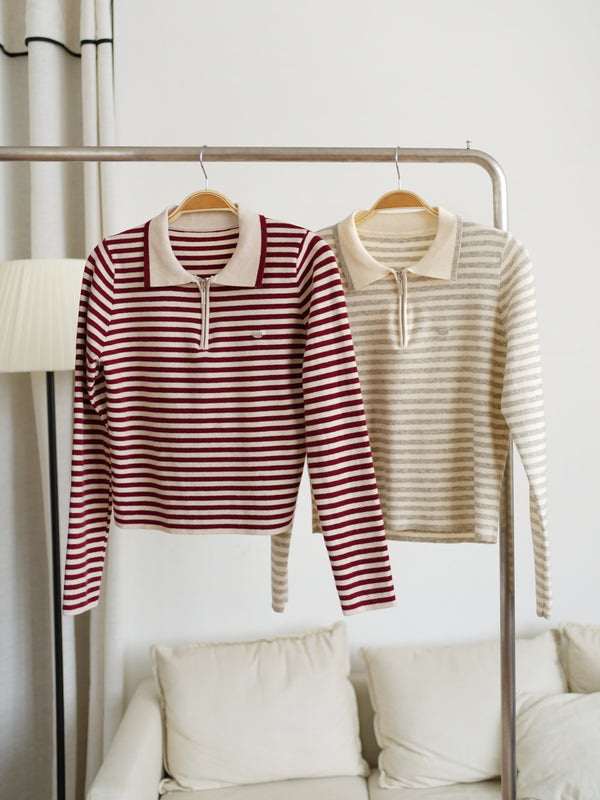 Stripe Collar Zipper Top