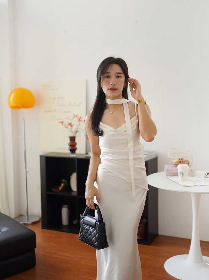 Katrina Satin Silk Cowl Dress (One piece layered-look dress)