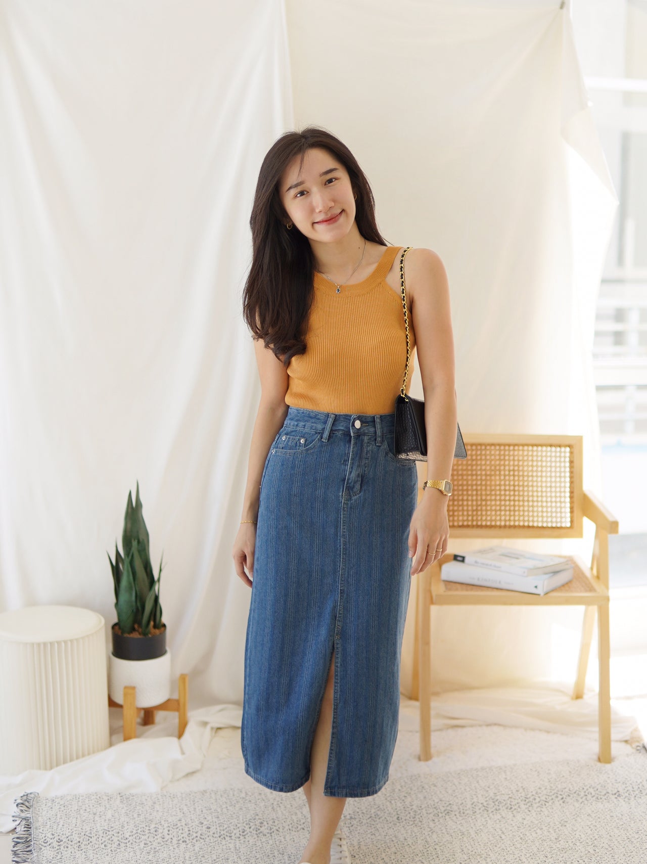 STRIPE DENIM SPLIT SKIRT