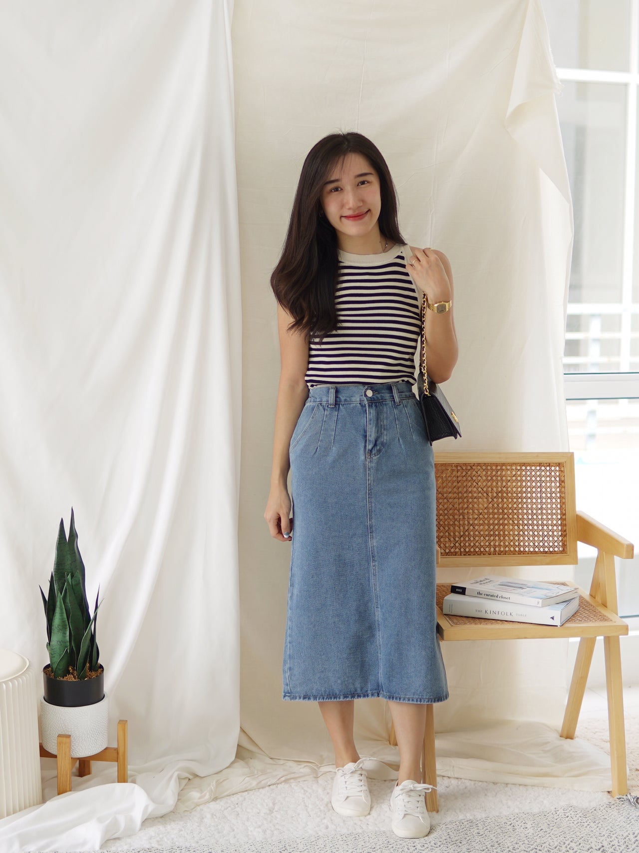 (Rubber waist) Denim MIDI Skirt