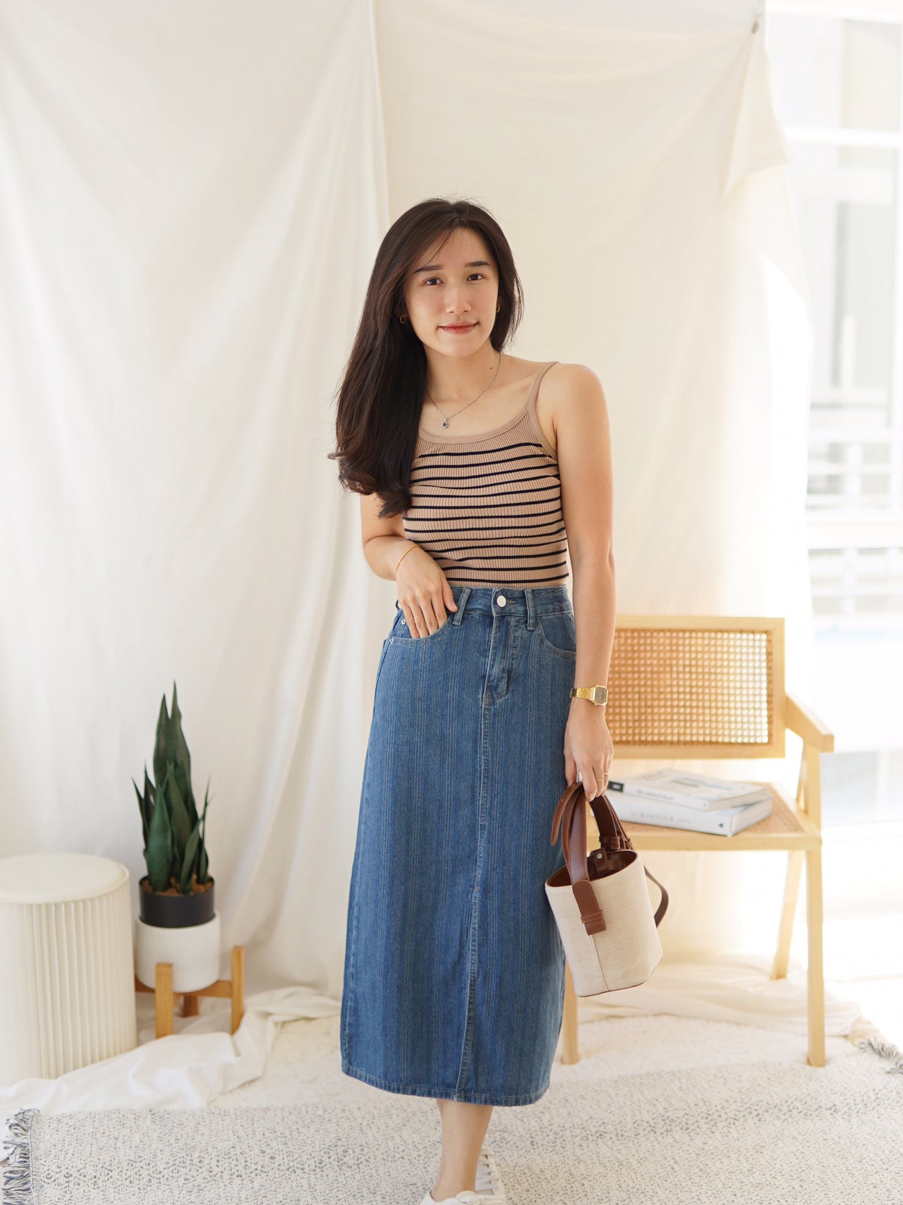 STRIPE DENIM SPLIT SKIRT