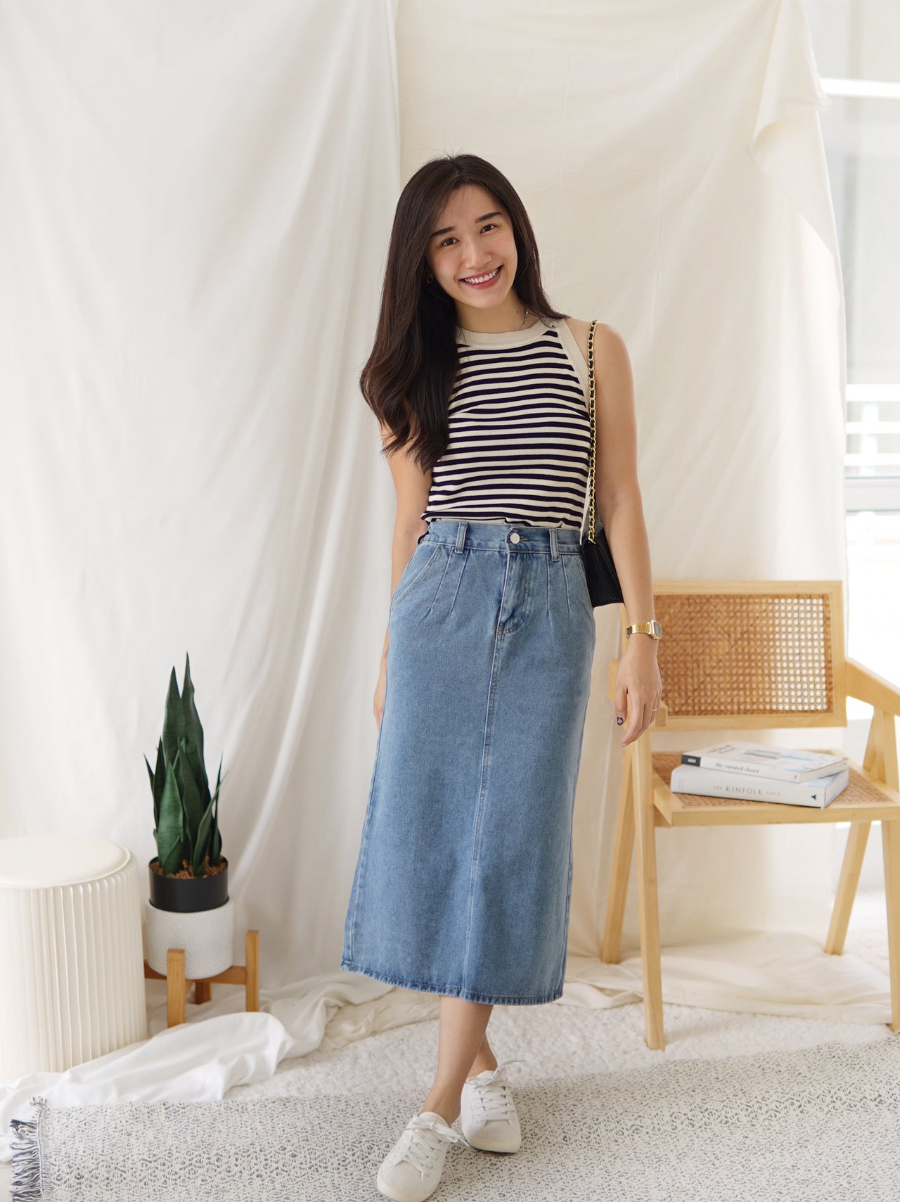 (Rubber waist) Denim MIDI Skirt