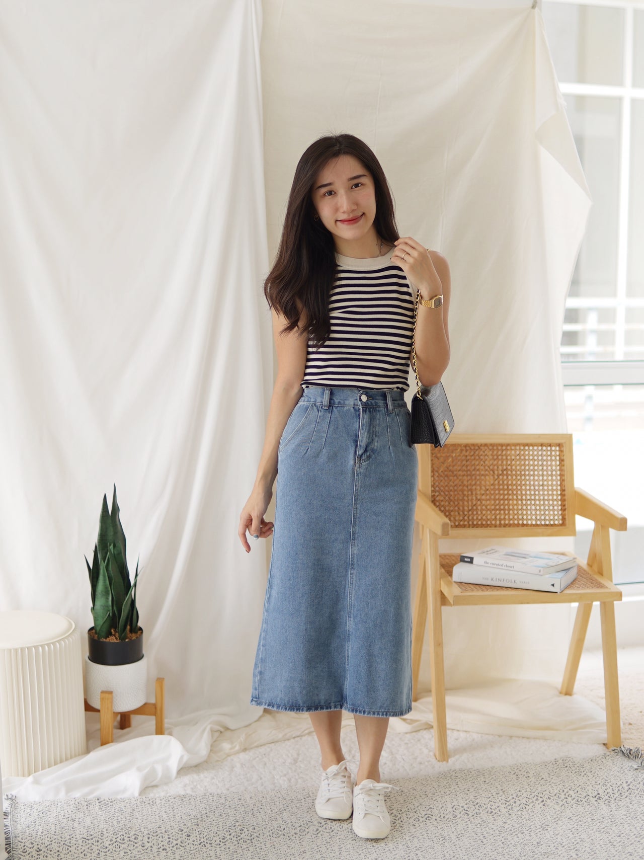 (Rubber waist) Denim MIDI Skirt