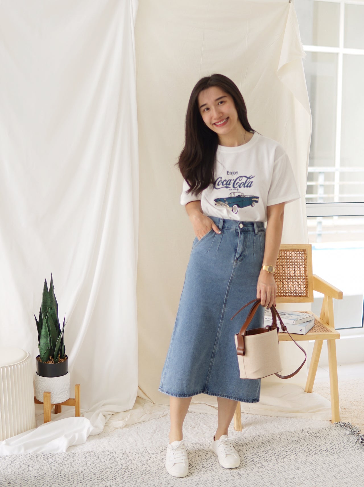 (Rubber waist) Denim MIDI Skirt