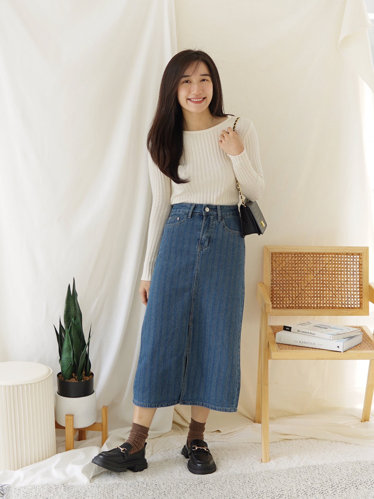 STRIPE DENIM SPLIT SKIRT