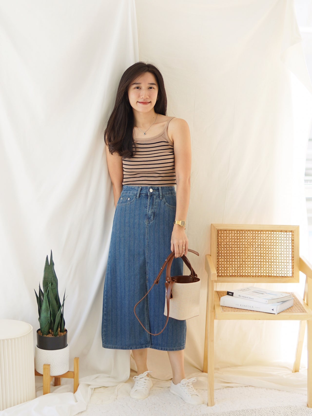 STRIPE DENIM SPLIT SKIRT