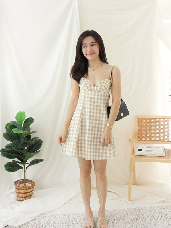PLAID KHAKI ALINED DRESS - LovelyMadness Clothing Malaysia