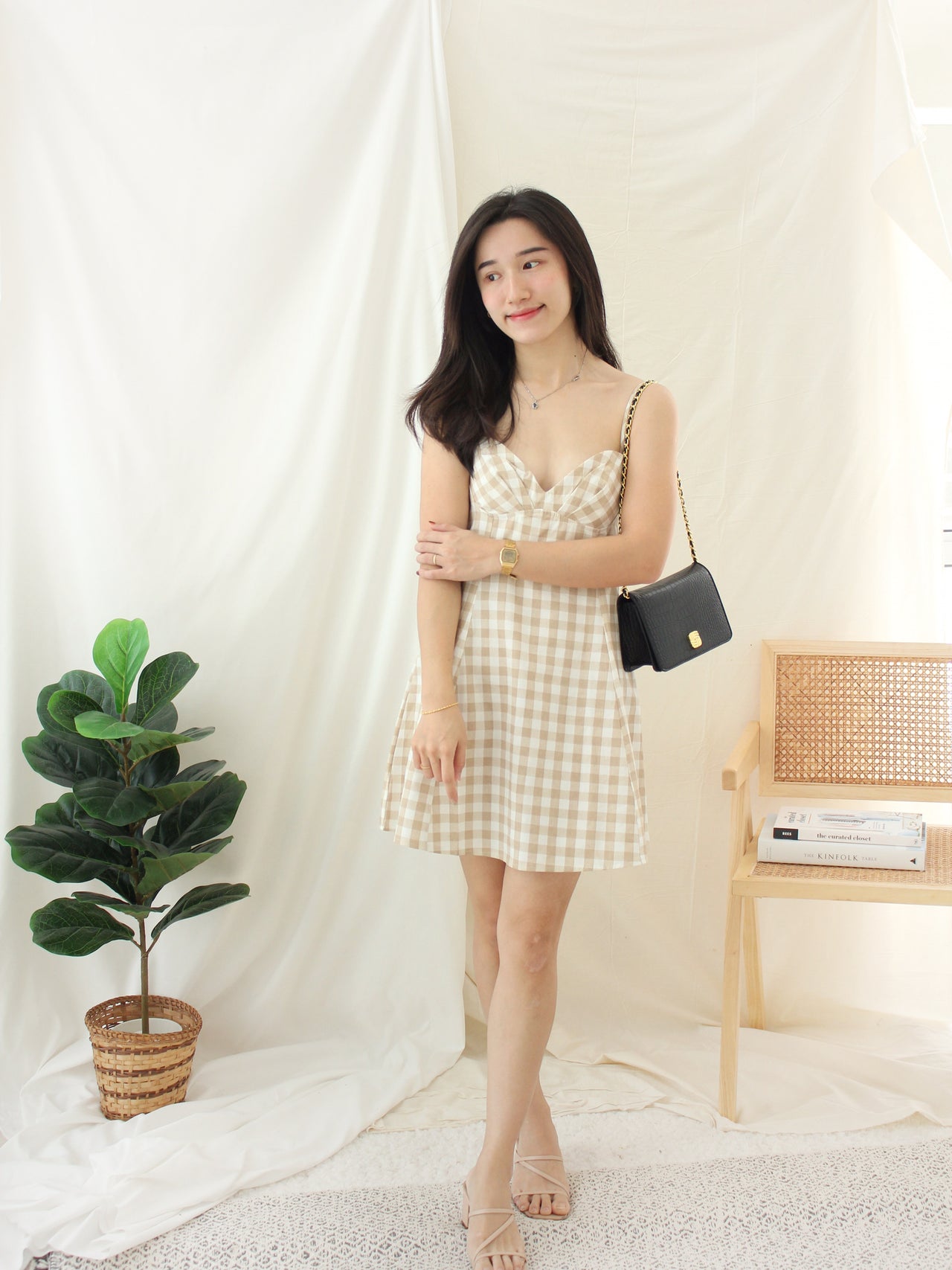 PLAID KHAKI ALINED DRESS