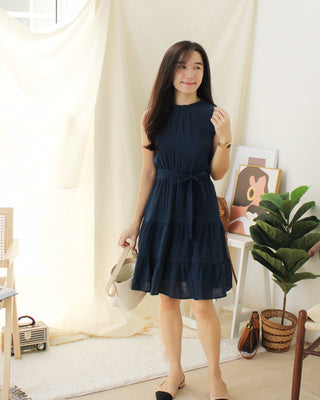 NATALIA NAVY RUFFLE NECK DRESS